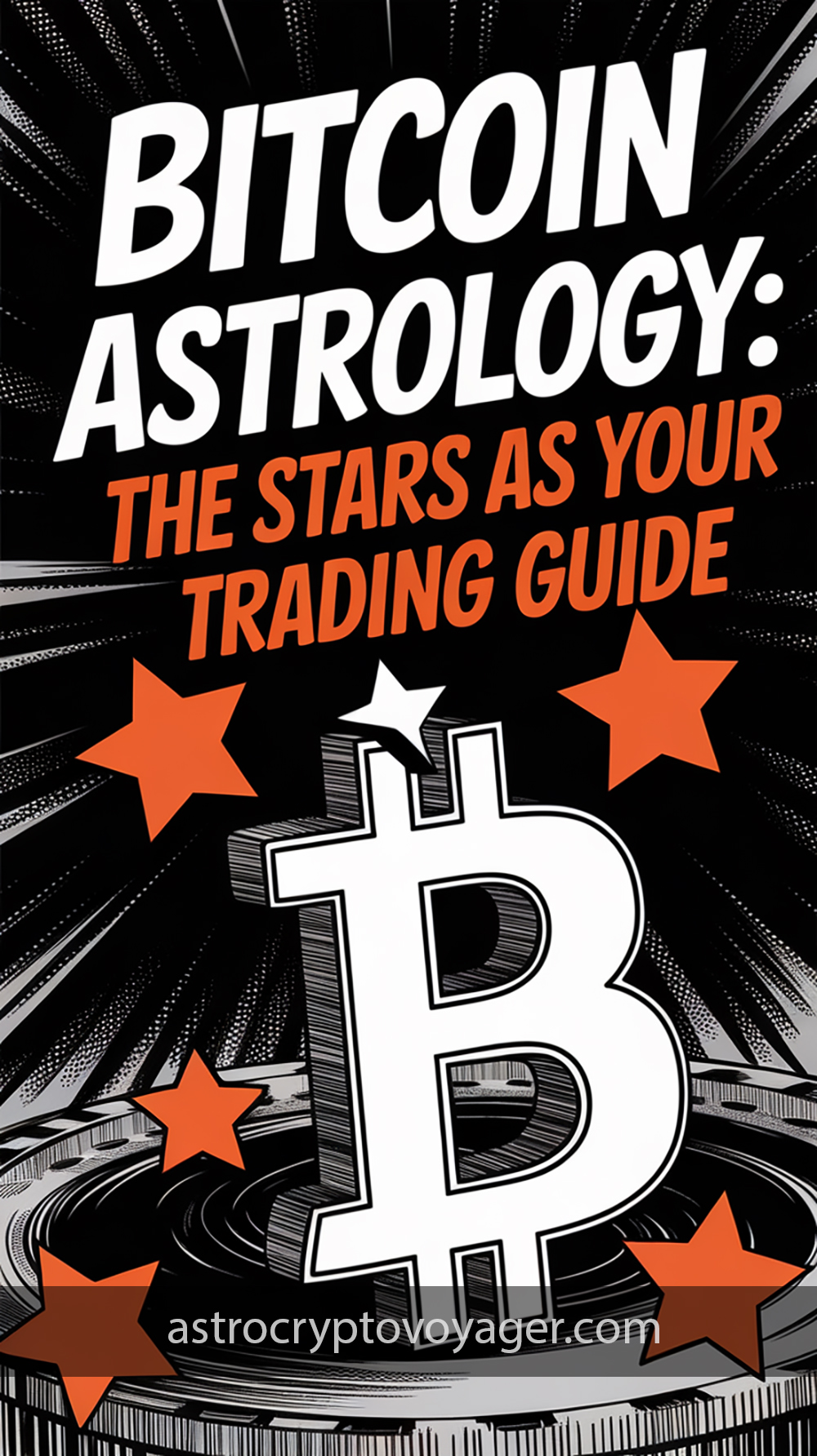 Comic book style, black and white with orange accents: Text on the image: "Bitcoin Astrology The Stars as Your Trading Guide"